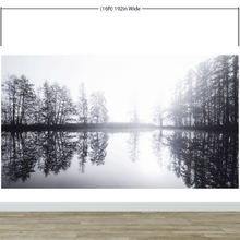 Cargar imagen en el visor de la galería, Foggy Woodland Wall Mural. Warm Grey Misty Forest Lakeview Peel and Stick Wallpaper. #6474
