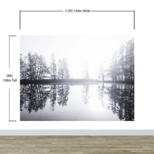 Cargar imagen en el visor de la galería, Foggy Woodland Wall Mural. Warm Grey Misty Forest Lakeview Peel and Stick Wallpaper. #6474
