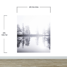 Cargar imagen en el visor de la galería, Foggy Woodland Wall Mural. Warm Grey Misty Forest Lakeview Peel and Stick Wallpaper. #6474
