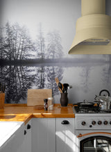 Load image into Gallery viewer, Foggy Woodland Wall Mural. Warm Grey Misty Forest Lakeview Peel and Stick Wallpaper. #6474
