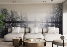 Cargar imagen en el visor de la galería, Foggy Woodland Wall Mural. Warm Grey Misty Forest Lakeview Peel and Stick Wallpaper. #6474
