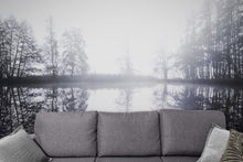 Load image into Gallery viewer, Foggy Woodland Wall Mural. Warm Grey Misty Forest Lakeview Peel and Stick Wallpaper. #6474
