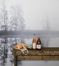 Load image into Gallery viewer, Foggy Woodland Wall Mural. Warm Grey Misty Forest Lakeview Peel and Stick Wallpaper. #6474
