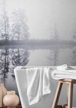 Cargar imagen en el visor de la galería, Foggy Woodland Wall Mural. Warm Grey Misty Forest Lakeview Peel and Stick Wallpaper. #6474
