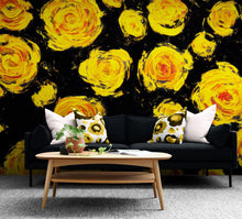 Carregar imagem no visualizador da galeria, Flower Wallpaper Peel and Stick Wall Mural. Yellow Flowers on Black Background. #6499
