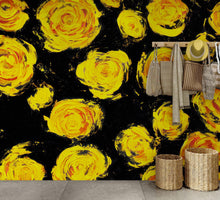 Cargar imagen en el visor de la galería, Flower Wallpaper Peel and Stick Wall Mural. Yellow Flowers on Black Background. #6499
