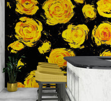 Cargar imagen en el visor de la galería, Flower Wallpaper Peel and Stick Wall Mural. Yellow Flowers on Black Background. #6499
