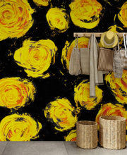 Load image into Gallery viewer, Flower Wallpaper Peel and Stick Wall Mural. Yellow Flowers on Black Background. #6499
