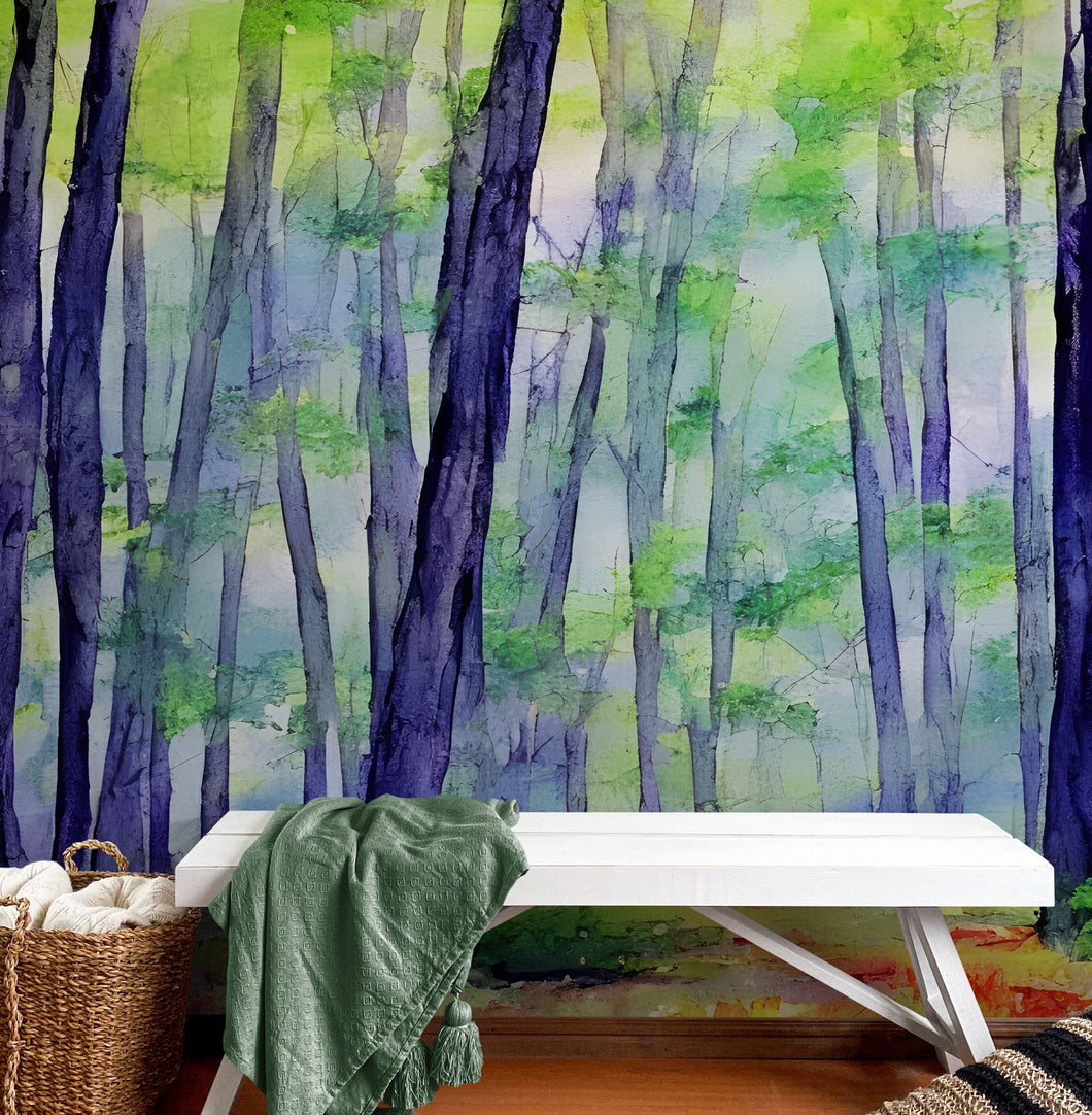 Watercolor Forest Wallpaper. Colorful Forest Peel and Stick Wall Mural. #6493