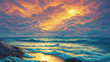 Load image into Gallery viewer, Dramatic Scene of a Sunset Over Blue Ocean Wall Mural Peel and Stick Wallpaper. #6495
