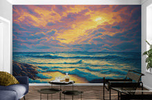 Load image into Gallery viewer, Dramatic Scene of a Sunset Over Blue Ocean Wall Mural Peel and Stick Wallpaper. #6495
