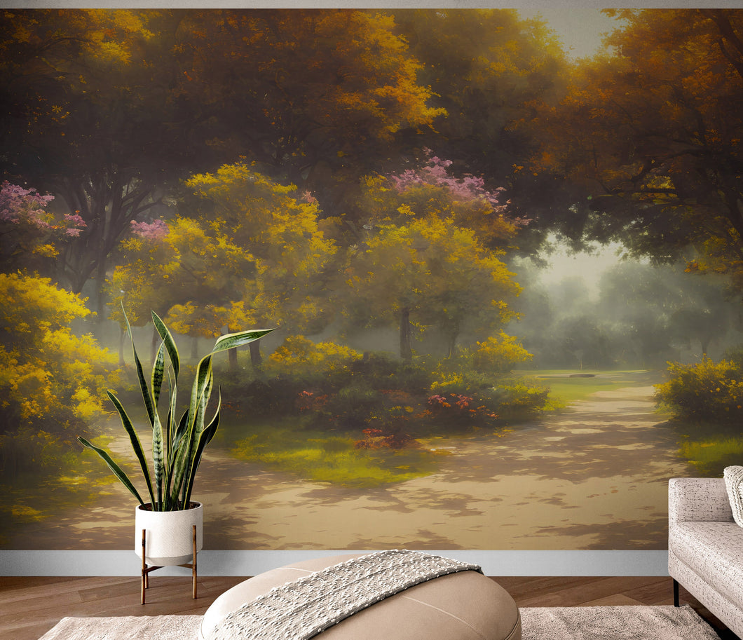 Vintage Trees in Park Wallpaper. Peel and Stick Wall Mural. #6496