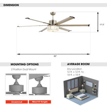 Cargar imagen en el visor de la galería, 65&quot; Modern Brushed Nickel DC Motor Downrod Mount Reversible Ceiling Fan with Lighting and Remote Control
