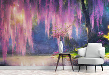 Carregar imagem no visualizador da galeria, Enchanted Forest with Pink Cherry Blossom Tree Wall Mural. #6504
