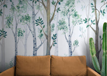 Cargar imagen en el visor de la galería, Nursery Woodland Forest Wallpaper. Watercolor Birch Tree Forest Wall Mural. #6525
