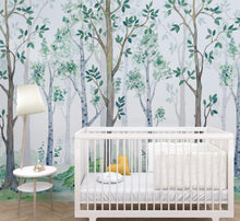 Cargar imagen en el visor de la galería, Nursery Woodland Forest Wallpaper. Watercolor Birch Tree Forest Wall Mural. #6525
