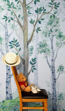 Cargar imagen en el visor de la galería, Nursery Woodland Forest Wallpaper. Watercolor Birch Tree Forest Wall Mural. #6525
