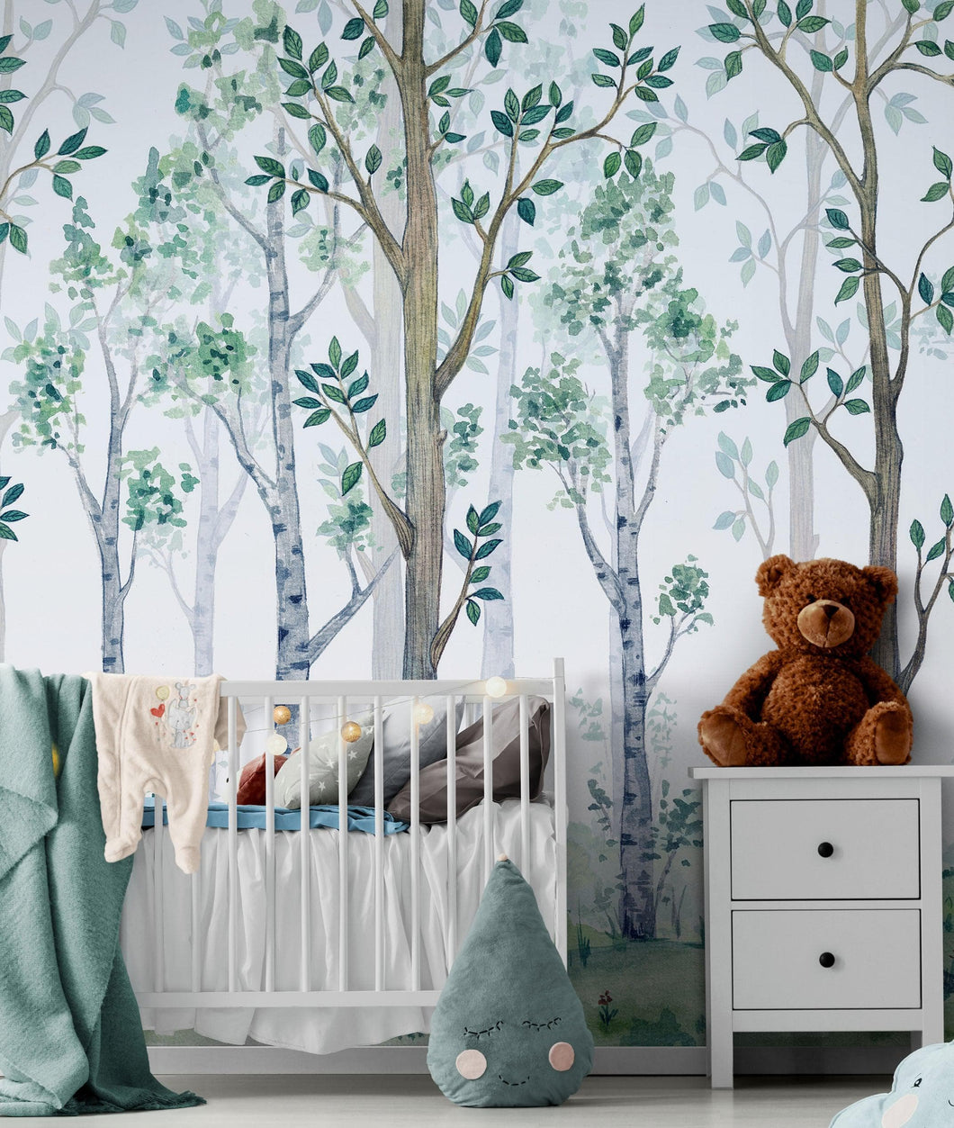 Nursery Woodland Forest Wallpaper. Watercolor Birch Tree Forest Wall Mural. #6525