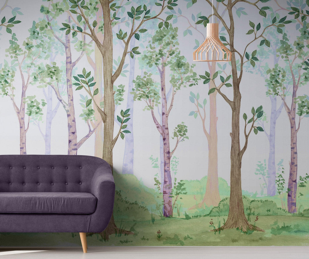 Colorful Nursery Woodland Forest Wallpaper. Watercolor Birch Tree Forest Wall Mural. #6527