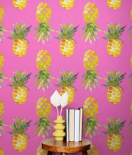 Load image into Gallery viewer, Pineapple Wallpaper. Pink, Purple, or Black Color Peel and Stick Wall Mural. #6538
