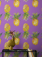 Load image into Gallery viewer, Pineapple Wallpaper. Pink, Purple, or Black Color Peel and Stick Wall Mural. #6538
