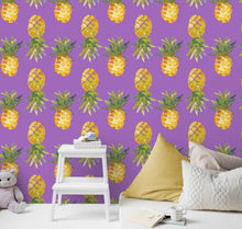 Load image into Gallery viewer, Pineapple Wallpaper. Pink, Purple, or Black Color Peel and Stick Wall Mural. #6538
