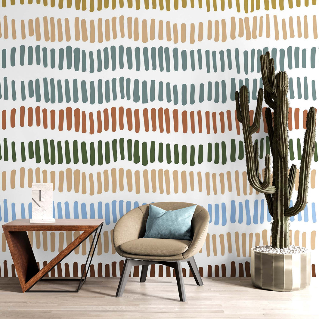 Minimalist Boho Wallpaper Peel and Stick Mural. Pastel Color Brush Strokes Stripes Pattern Design. #6568