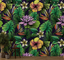 Cargar imagen en el visor de la galería, Tropical Flower Wallpaper Peel and Stick Colorful Wildflower Mural. Green Flowers and Palm Tree Leaves Design. #6569
