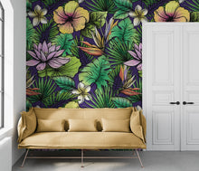 Cargar imagen en el visor de la galería, Tropical Flower Wallpaper Peel and Stick Colorful Wildflower Mural. Green Flowers and Palm Tree Leaves Design. #6569
