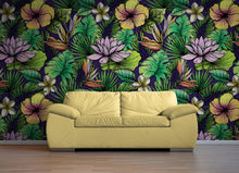 Load image into Gallery viewer, Tropical Flower Wallpaper Peel and Stick Colorful Wildflower Mural. Green Flowers and Palm Tree Leaves Design. #6569
