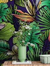 Load image into Gallery viewer, Tropical Flower Wallpaper Peel and Stick Colorful Wildflower Mural. Green Flowers and Palm Tree Leaves Design. #6569
