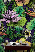 Load image into Gallery viewer, Tropical Flower Wallpaper Peel and Stick Colorful Wildflower Mural. Green Flowers and Palm Tree Leaves Design. #6569
