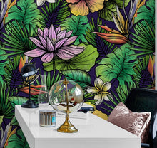 Cargar imagen en el visor de la galería, Tropical Flower Wallpaper Peel and Stick Colorful Wildflower Mural. Green Flowers and Palm Tree Leaves Design. #6569
