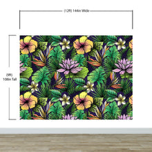 Cargar imagen en el visor de la galería, Tropical Flower Wallpaper Peel and Stick Colorful Wildflower Mural. Green Flowers and Palm Tree Leaves Design. #6569
