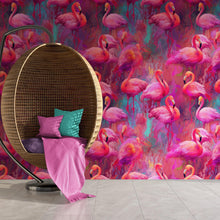 Carregar imagem no visualizador da galeria, Bright Pink Flamingos Wallpaper - Modern Miami Vibes, Tropical Home Decor #6581
