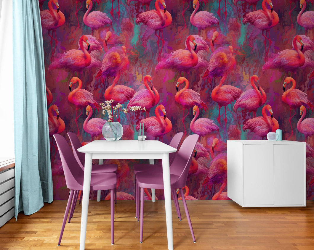 Bright Pink Flamingos Wallpaper - Modern Miami Vibes, Tropical Home Decor #6581