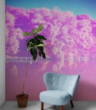 Load image into Gallery viewer, Tranquil Park Scene Wallpaper - Pink Pastel with Trees and Lake Wall Mural #6601
