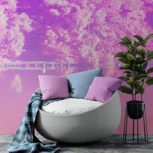 Cargar imagen en el visor de la galería, Tranquil Park Scene Wallpaper - Pink Pastel with Trees and Lake Wall Mural #6601
