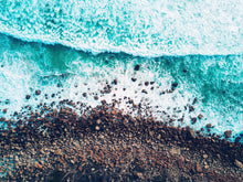 Load image into Gallery viewer, Ocean Waves over Cliff Wallpaper. Rocky Beach Wall Mural. Bright Aqua Color Beach Waves. #6624
