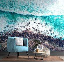 Cargar imagen en el visor de la galería, Ocean Waves over Cliff Wallpaper. Rocky Beach Wall Mural. Bright Aqua Color Beach Waves. #6624
