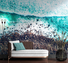 Load image into Gallery viewer, Ocean Waves over Cliff Wallpaper. Rocky Beach Wall Mural. Bright Aqua Color Beach Waves. #6624
