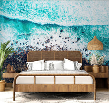 Load image into Gallery viewer, Ocean Waves over Cliff Wallpaper. Rocky Beach Wall Mural. Bright Aqua Color Beach Waves. #6624
