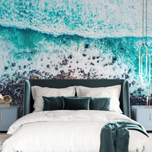 Load image into Gallery viewer, Ocean Waves over Cliff Wallpaper. Rocky Beach Wall Mural. Bright Aqua Color Beach Waves. #6624
