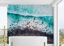 Load image into Gallery viewer, Ocean Waves over Cliff Wallpaper. Rocky Beach Wall Mural. Bright Aqua Color Beach Waves. #6624
