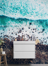 Load image into Gallery viewer, Ocean Waves over Cliff Wallpaper. Rocky Beach Wall Mural. Bright Aqua Color Beach Waves. #6624
