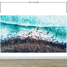 Load image into Gallery viewer, Ocean Waves over Cliff Wallpaper. Rocky Beach Wall Mural. Bright Aqua Color Beach Waves. #6624
