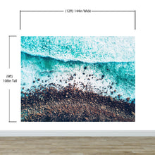 Cargar imagen en el visor de la galería, Ocean Waves over Cliff Wallpaper. Rocky Beach Wall Mural. Bright Aqua Color Beach Waves. #6624
