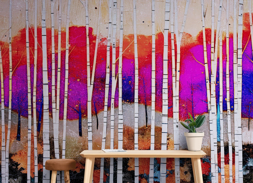 Colorful Vibrant Birch Tree Forest Wallpaper. #6649