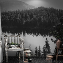 Load image into Gallery viewer, Black and White Mountain Over Looking Lake and Forest Wallpaper. #6671
