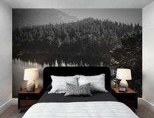 Load image into Gallery viewer, Black and White Mountain Over Looking Lake and Forest Wallpaper. #6671
